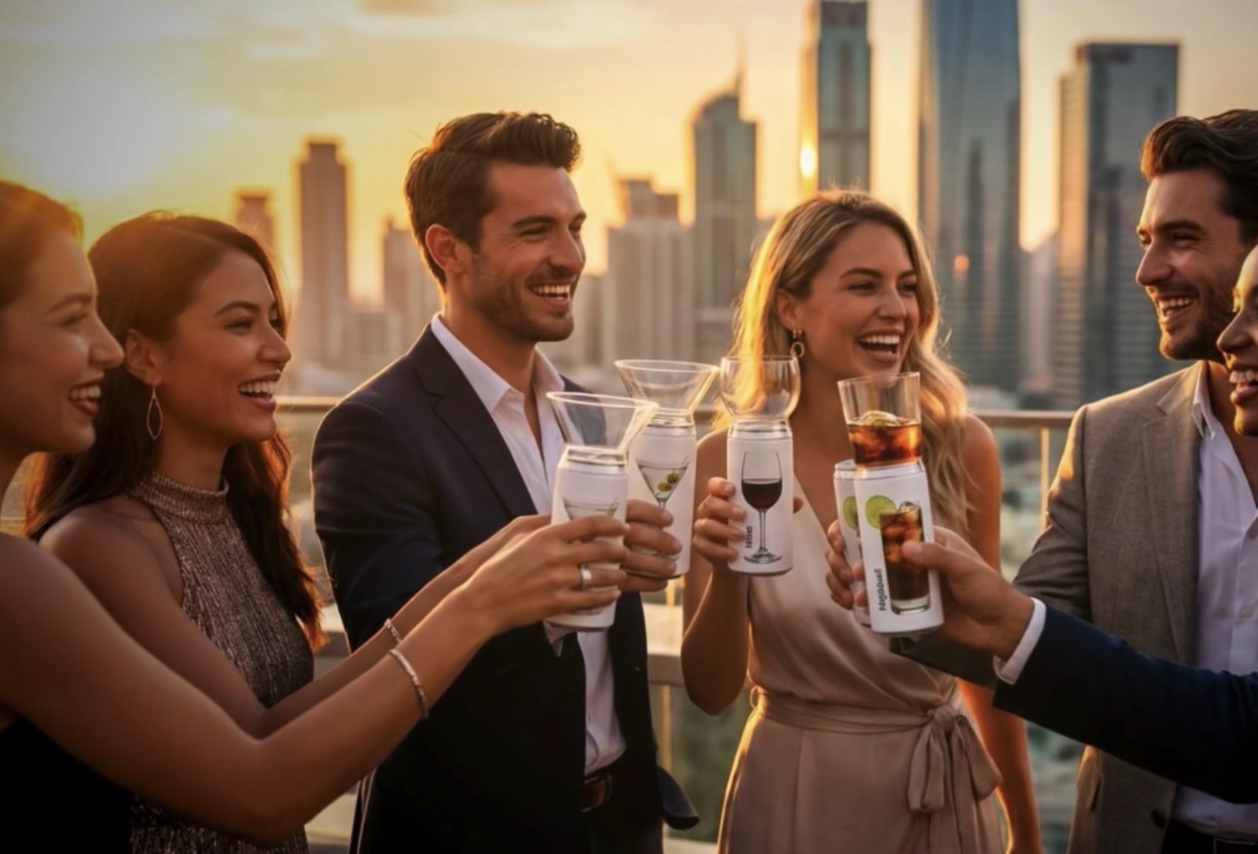 Grupo de amigos brindando con GlassTop en un rooftop al atardecer