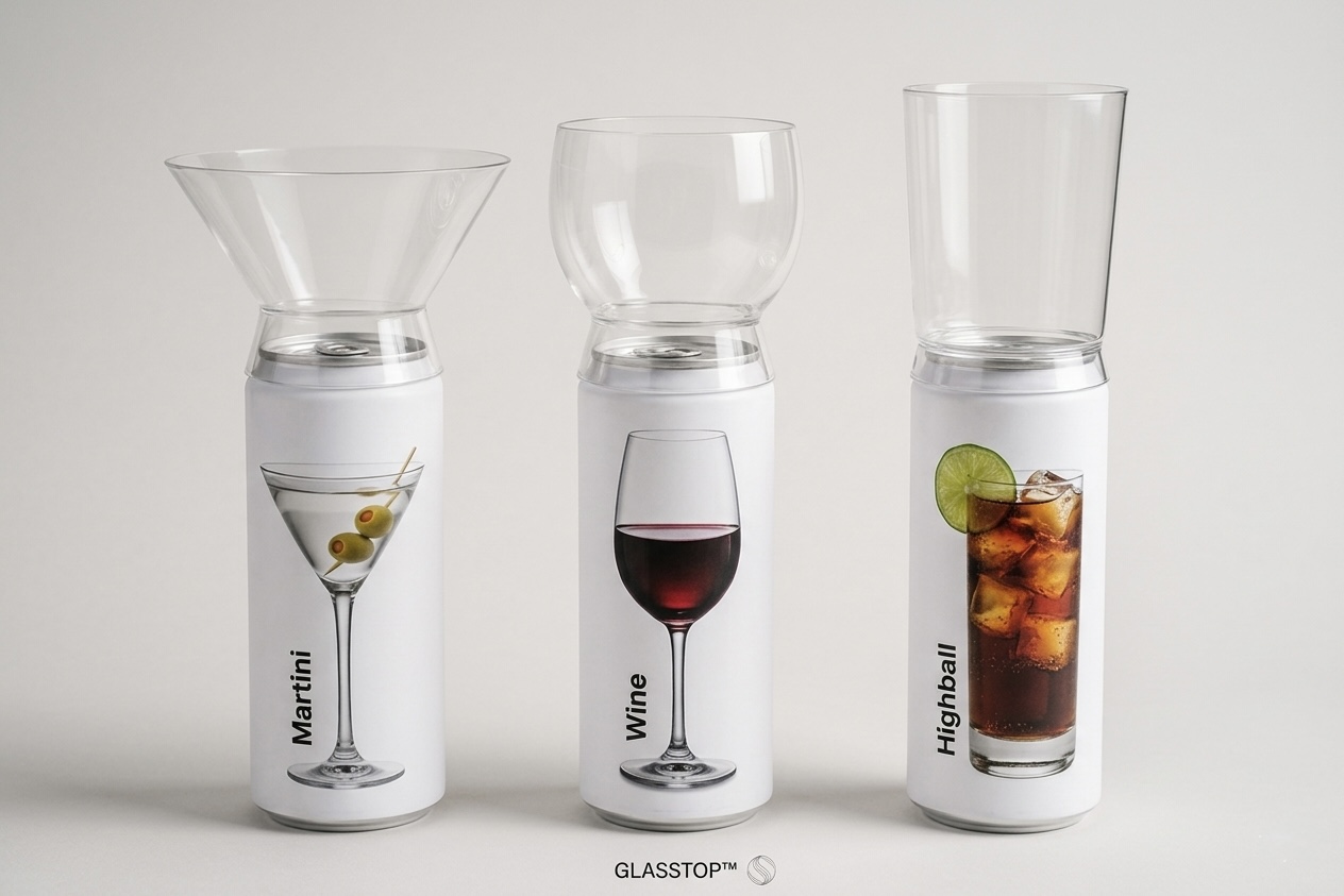 GlassTop complete collection — Martini, Wine and Highball transparent accessories on premium beverage cans