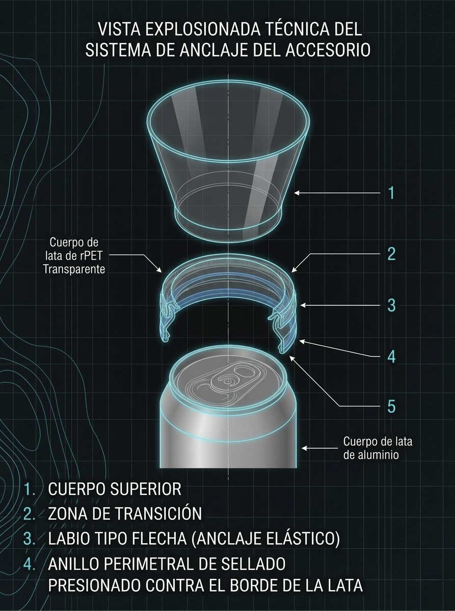 GlassTop technical exploded diagram showing anchor mechanism, arrow-tip lip, sealing ring and transparent rPET body