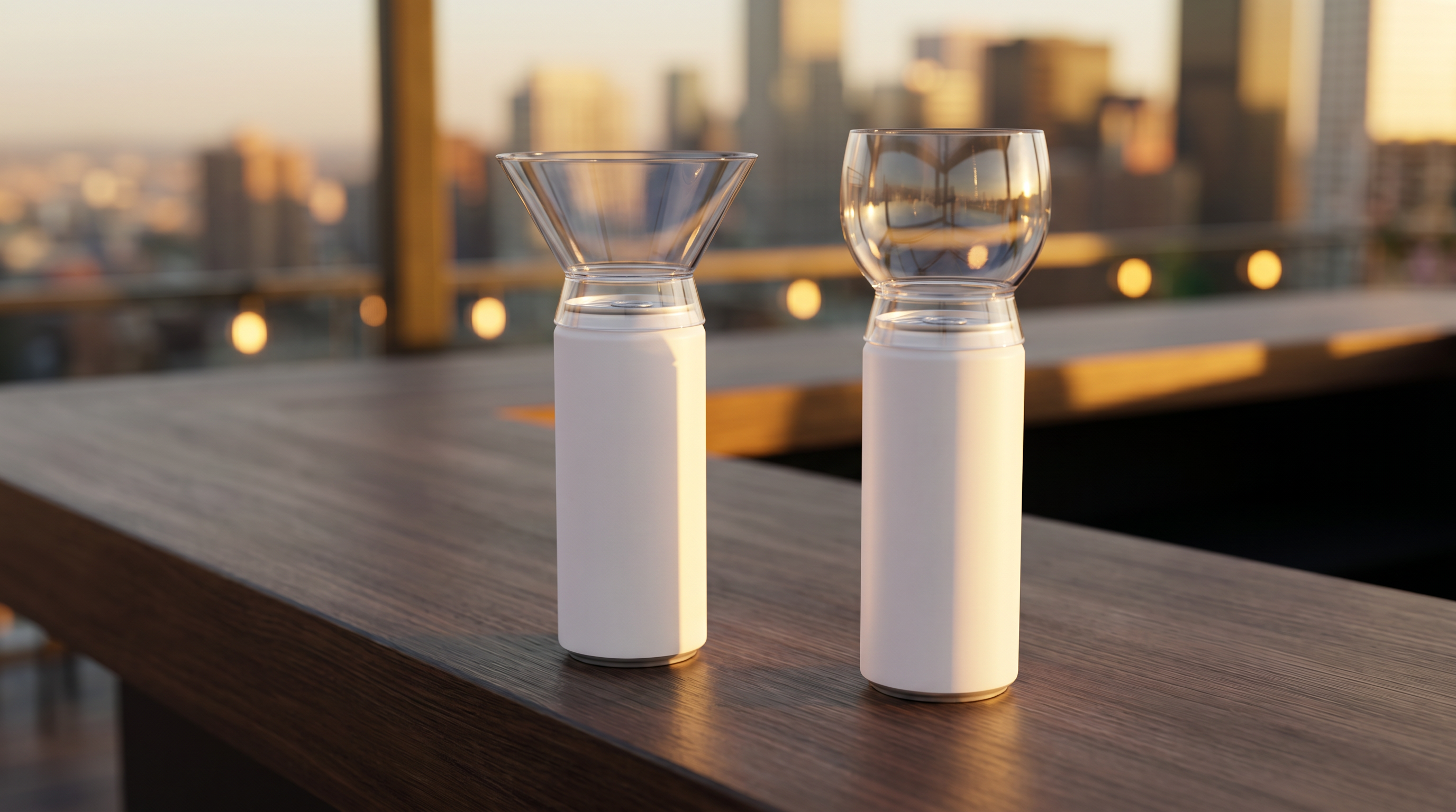 GlassTop accessories at a premium hotel rooftop bar at golden hour